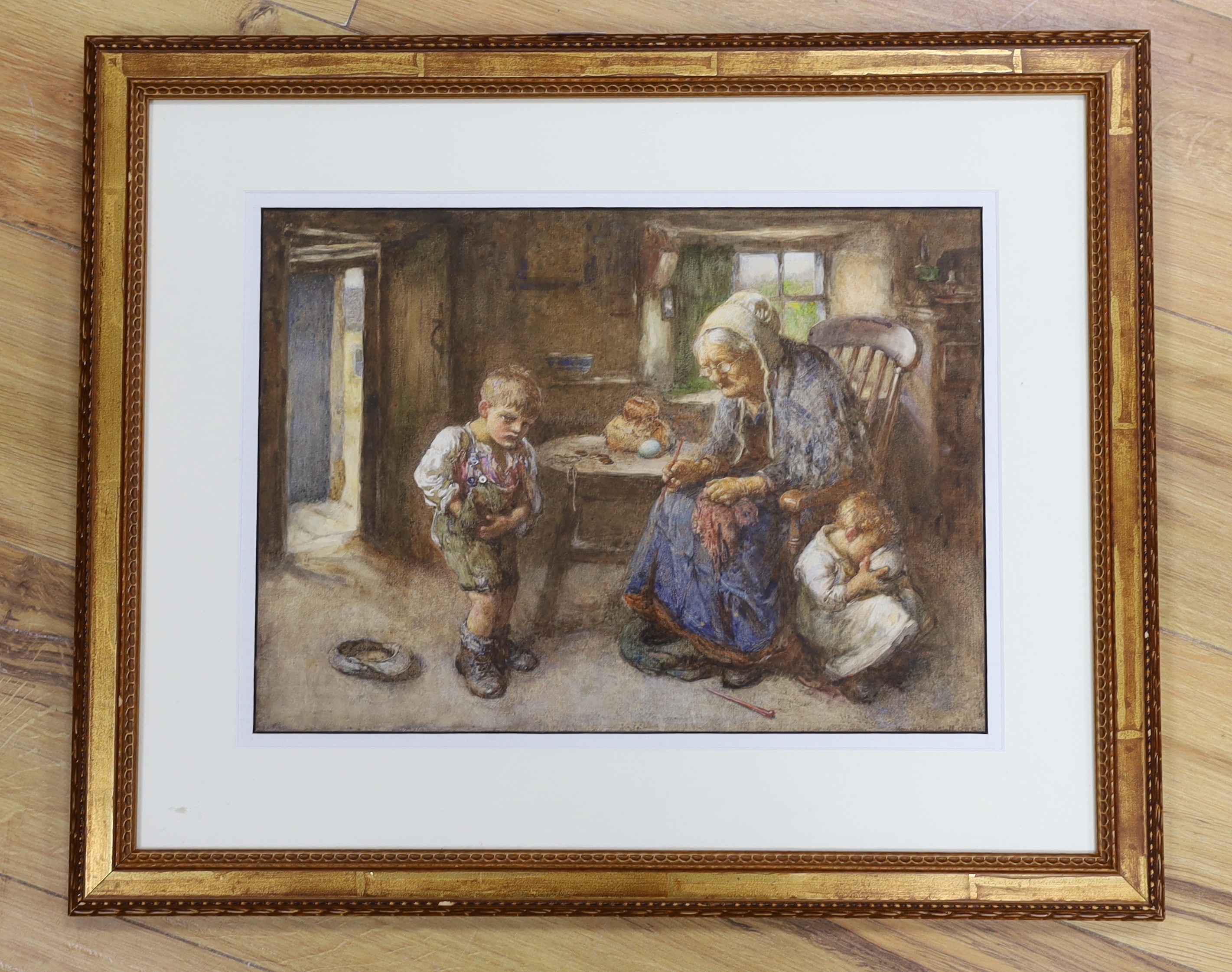 John Henry Henshall (1856-1928), watercolour, Cottage interior with grandmother and children, signed, 27 x 37cm